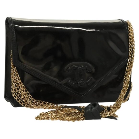 CHANEL Chain Shoulder Bag Enamel Black Gold CC - Picture 1 of 16
